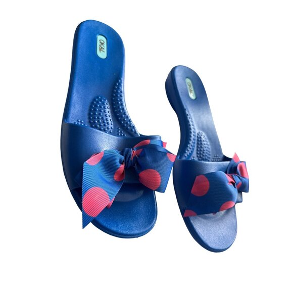 Okab Shoes - Okal Blue Sandals Blue & Pink Bow Slides Size Medium/Large